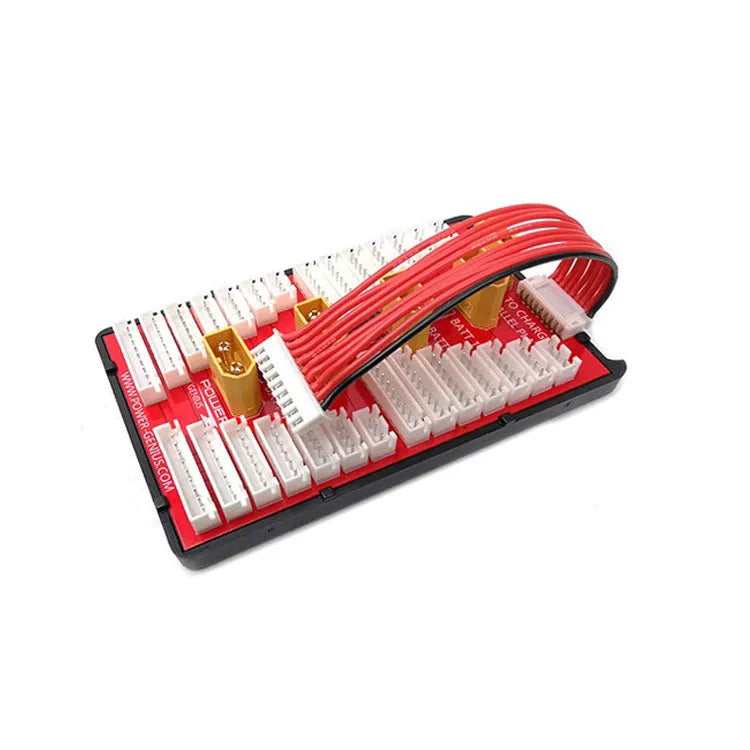 V2 parallel charging board for RC batteries with multiple balance ports and T-plug connectors.
