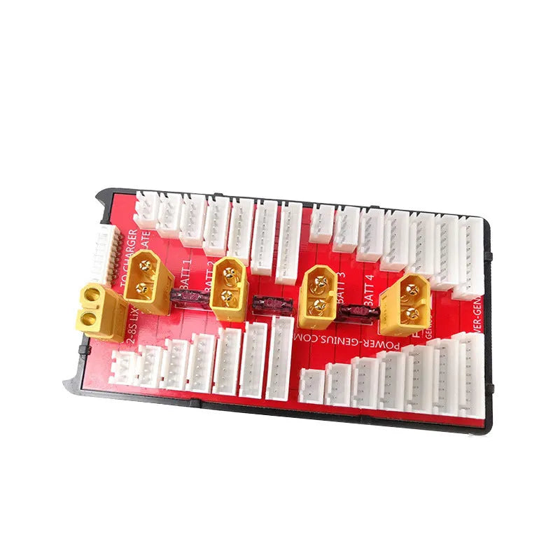 V2 parallel charging board for RC batteries with multiple balance ports and T-plug connectors.