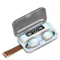 Black and white binaural in-ear Bluetooth earbuds with charging box, touch control, and battery display