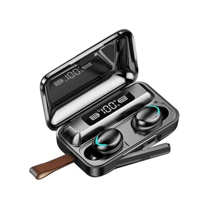 Black and white binaural in-ear Bluetooth earbuds with charging box, touch control, and battery display