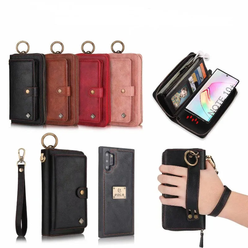 Black PU leather zipper wallet case open to show phone slot and card holders for a Samsung Galaxy phone.