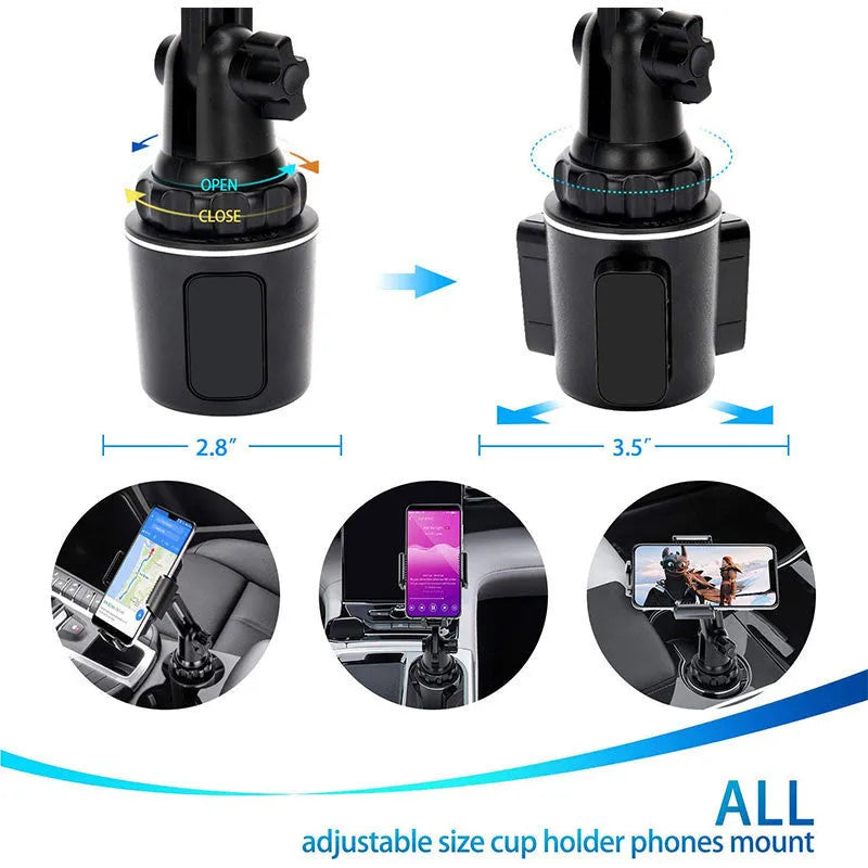 Black ABS car phone holder mounted on a car air vent, showing 360-degree rotation.