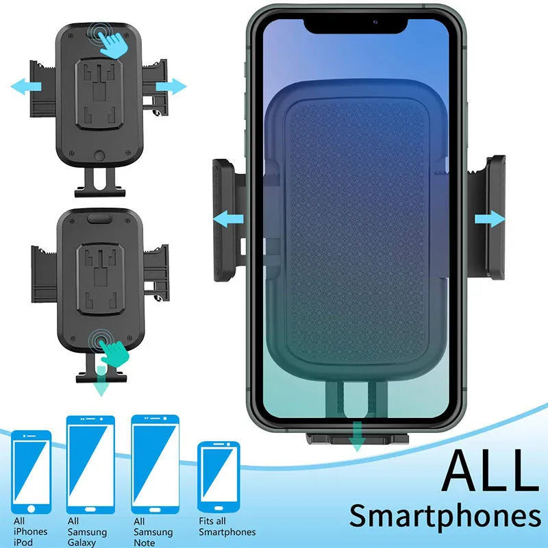 Black ABS car phone holder mounted on a car air vent, showing 360-degree rotation.