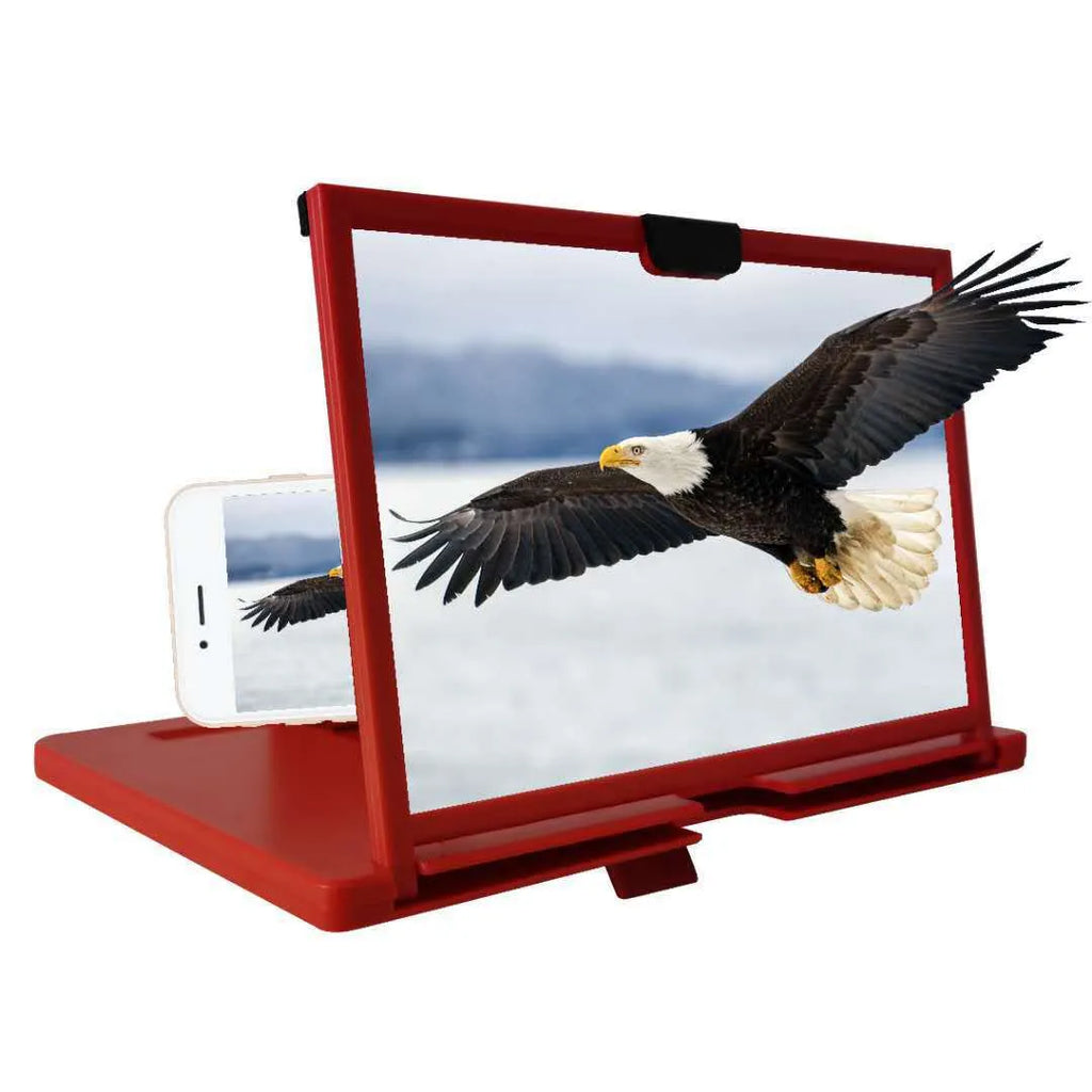 Desktop mobile phone screen magnifier holder in black on a table, showing a smartphone placed in its lazy bracket.