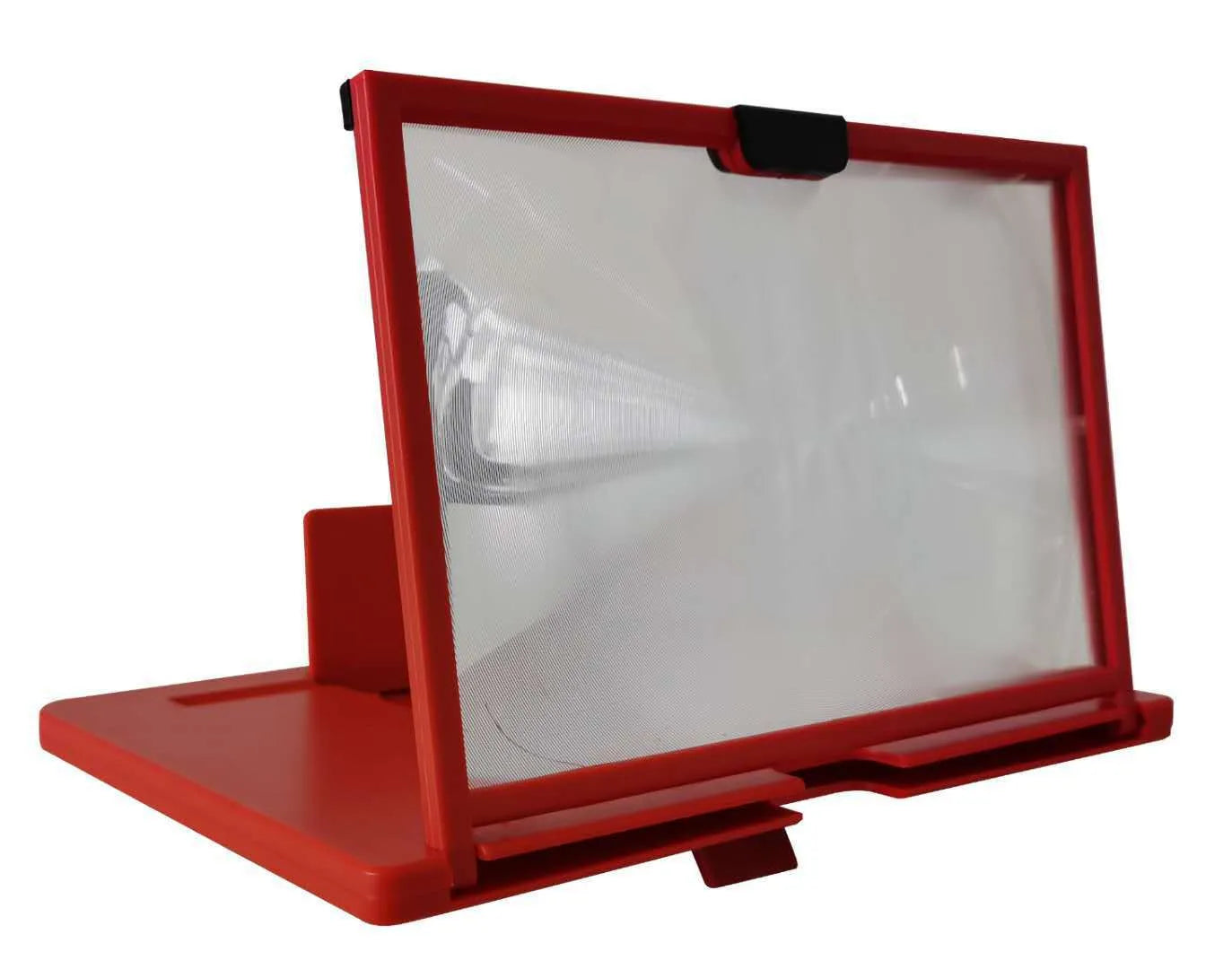 Desktop mobile phone screen magnifier holder in black on a table, showing a smartphone placed in its lazy bracket.