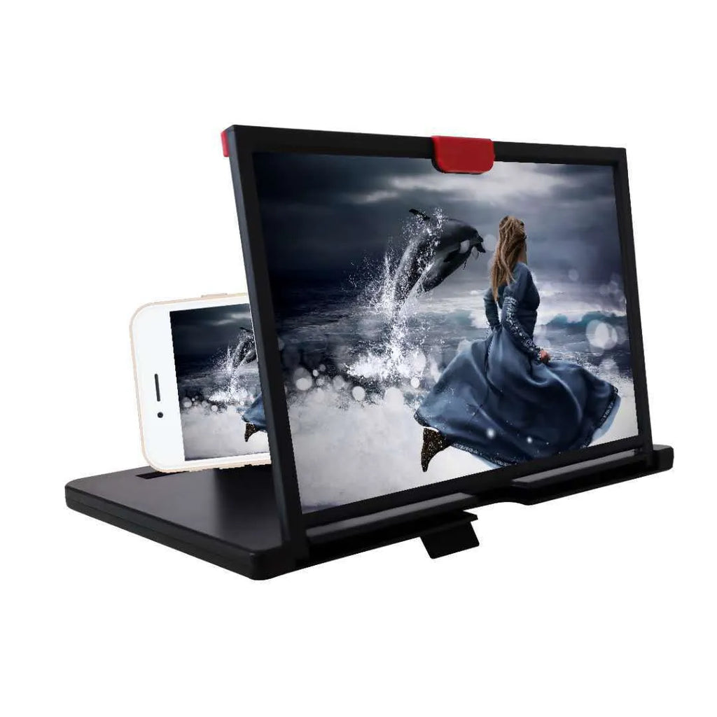 Desktop mobile phone screen magnifier holder in black on a table, showing a smartphone placed in its lazy bracket.