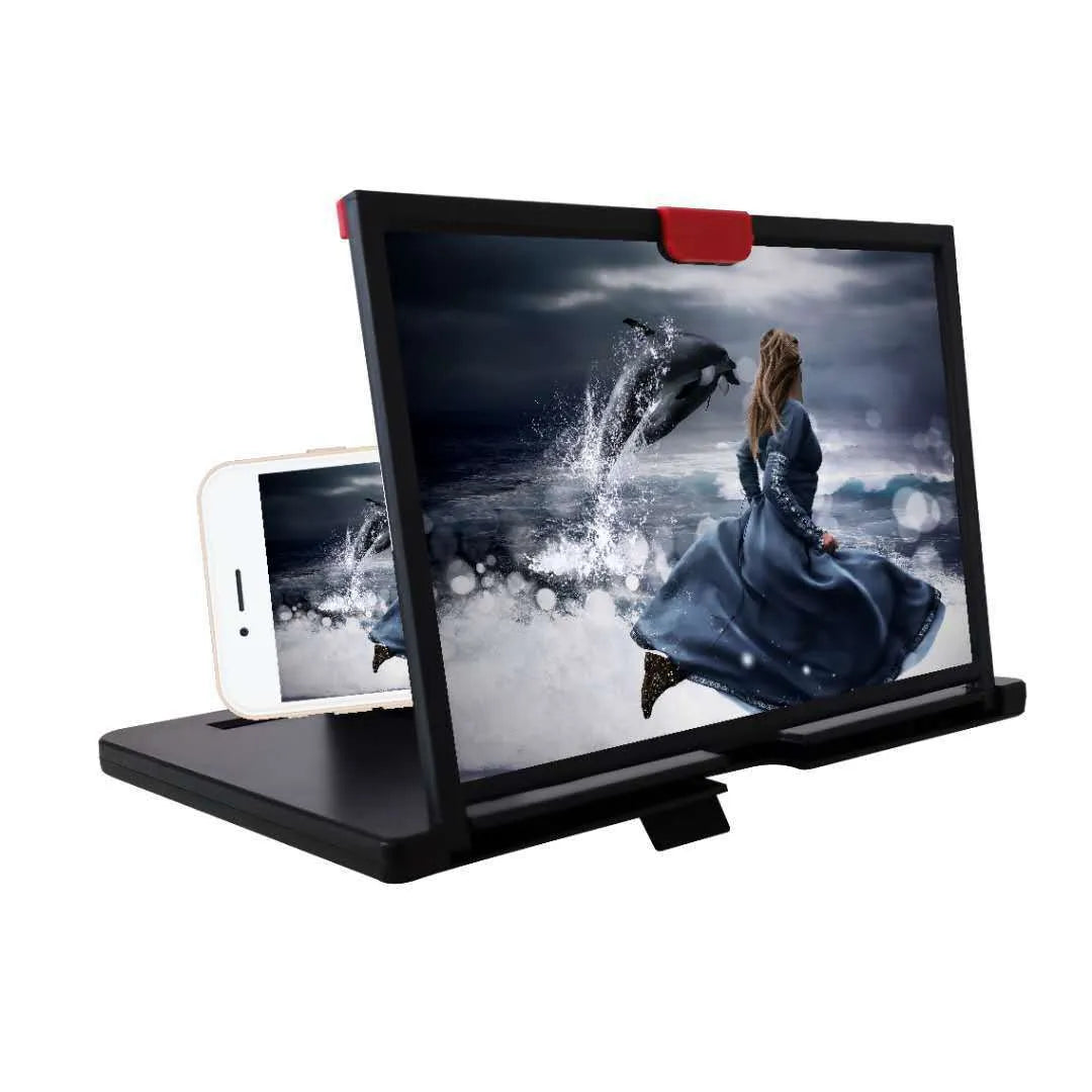 Desktop mobile phone screen magnifier holder in black on a table, showing a smartphone placed in its lazy bracket.