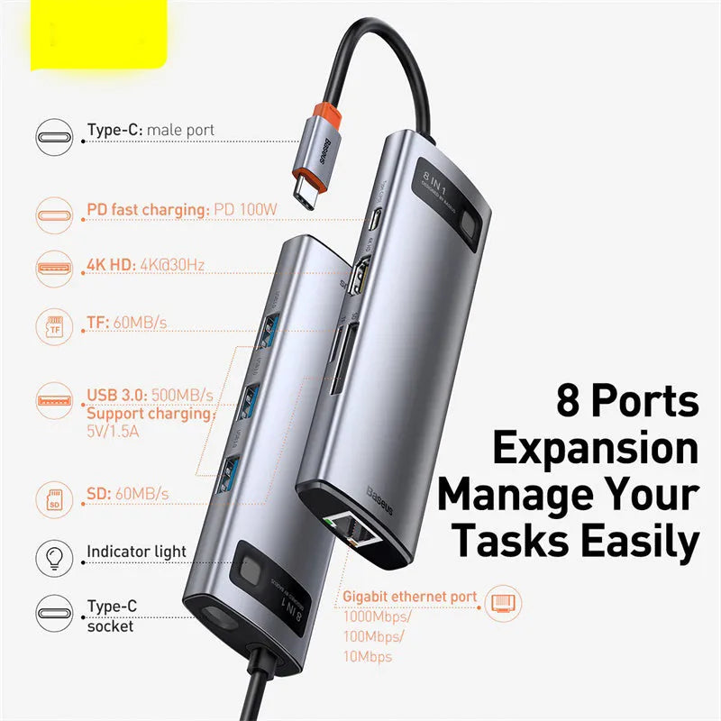 Baseus Metal Shimmer Type-C Hub Docking Station with metal finish and multiple ports