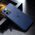 Square frame leather texture iPhone case in black, shown on a phone.