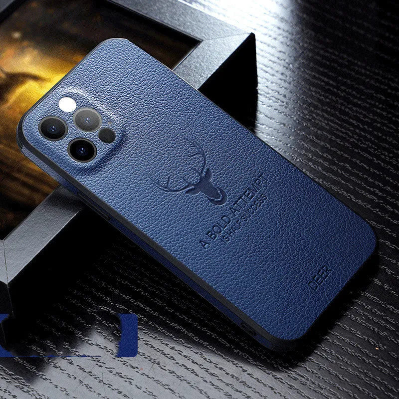 Square frame leather texture iPhone case in black, shown on a phone.