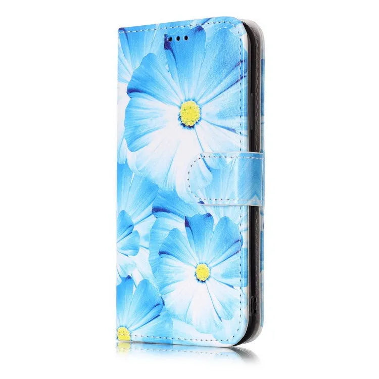 Marble flip wallet phone case with cartoon animal design for iPhone, shown open with cards stored inside.