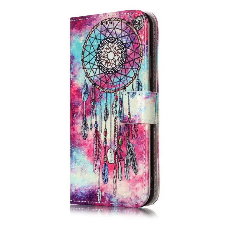 Marble flip wallet phone case with cartoon animal design for iPhone, shown open with cards stored inside.