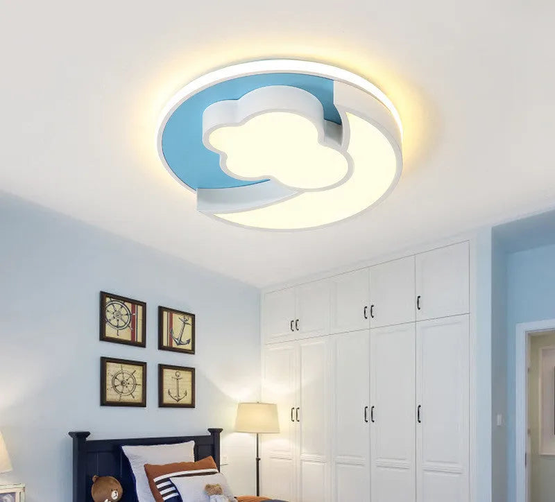 Nordic children's LED ceiling lamp wrought iron rainbow cloud design blue tricolour light 48cm