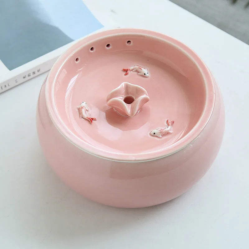 Ceramic cat automatic drinking fountain in starry sky blue with water circulation, white water pump, and USB plug option