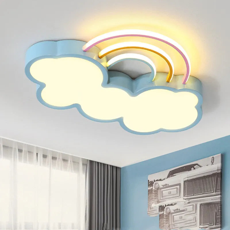 Nordic children's LED ceiling lamp wrought iron rainbow cloud design blue tricolour light 48cm