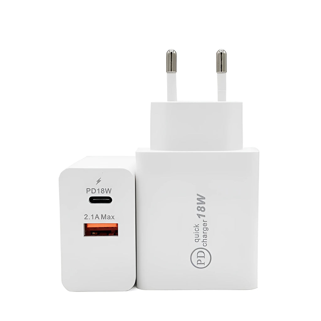 Black 18W USB-C fast wall charger with bare metal US plug pins on white background.