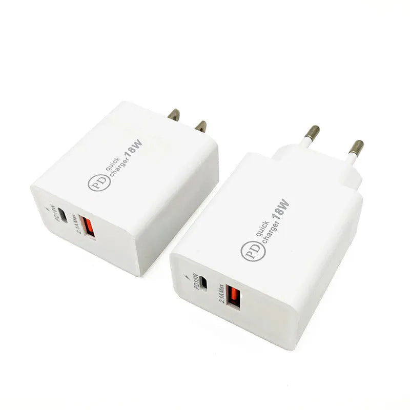 Black 18W USB-C fast wall charger with bare metal US plug pins on white background.