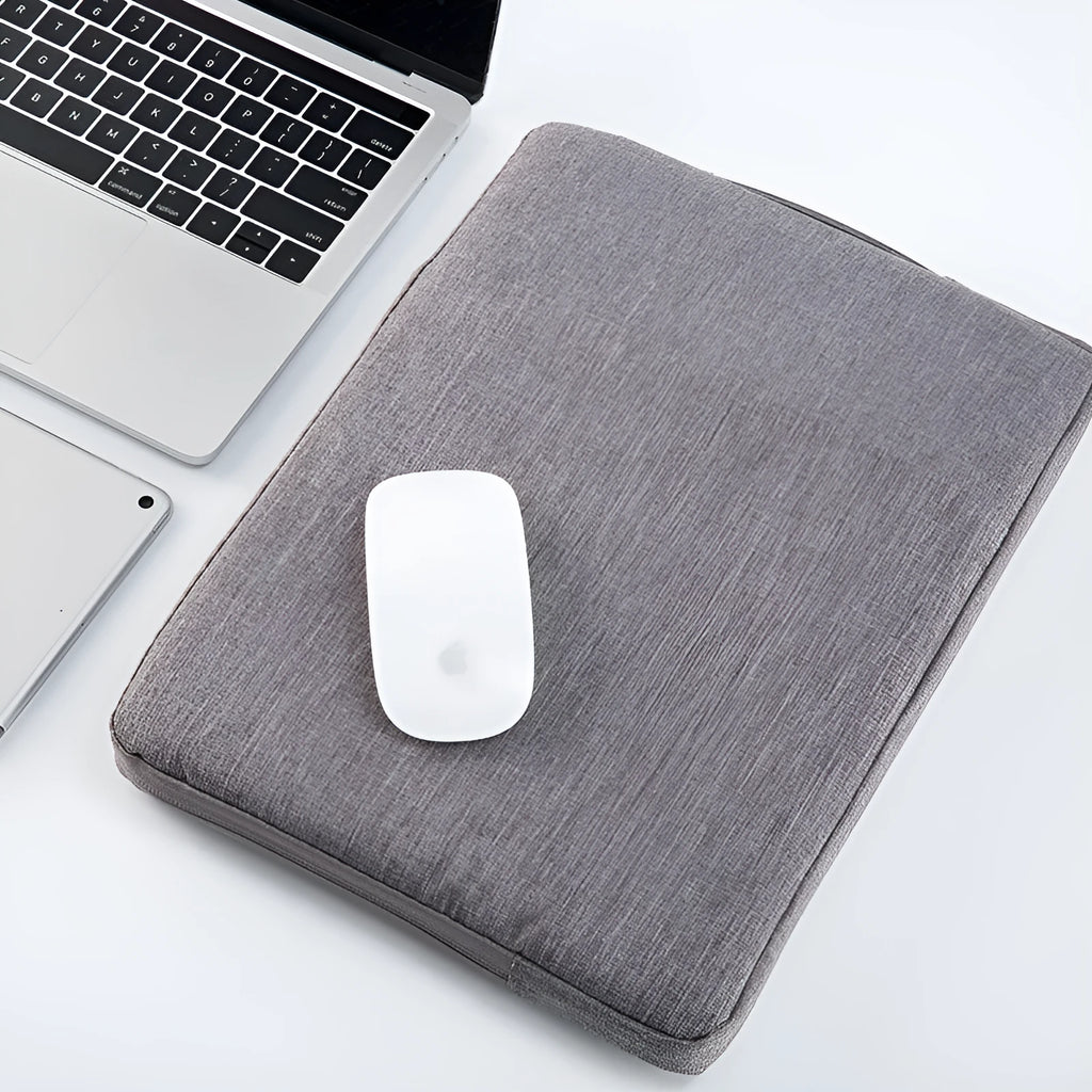 Polyester laptop sleeve bag with zipper closure and telescopic handle in black, grey, navy blue, and purple