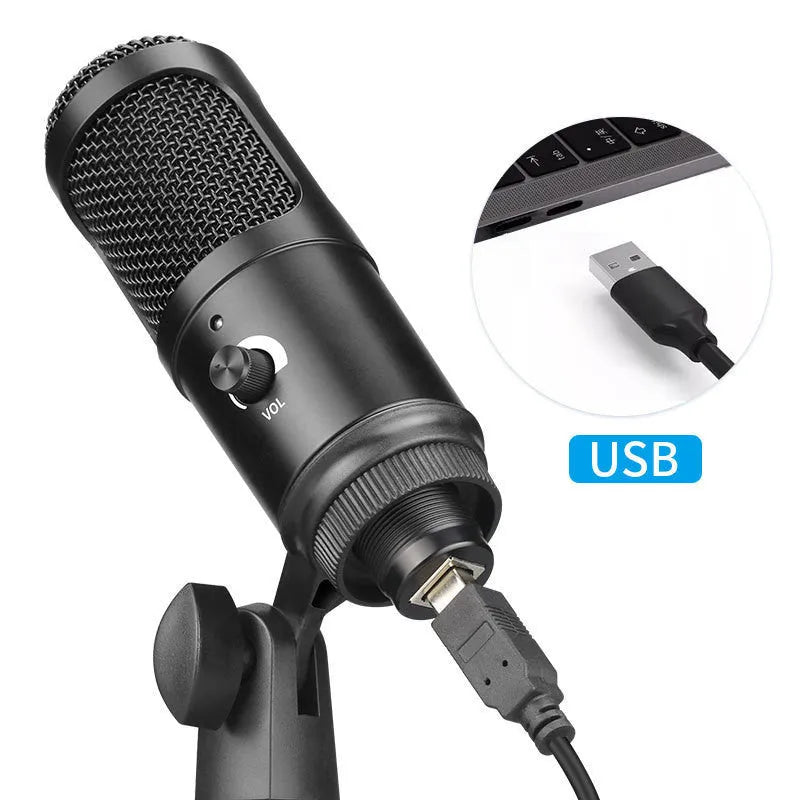 Black USB condenser microphone with bracket for computer recording and live streaming