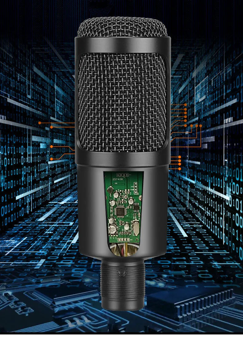 Black USB condenser microphone with bracket for computer recording and live streaming