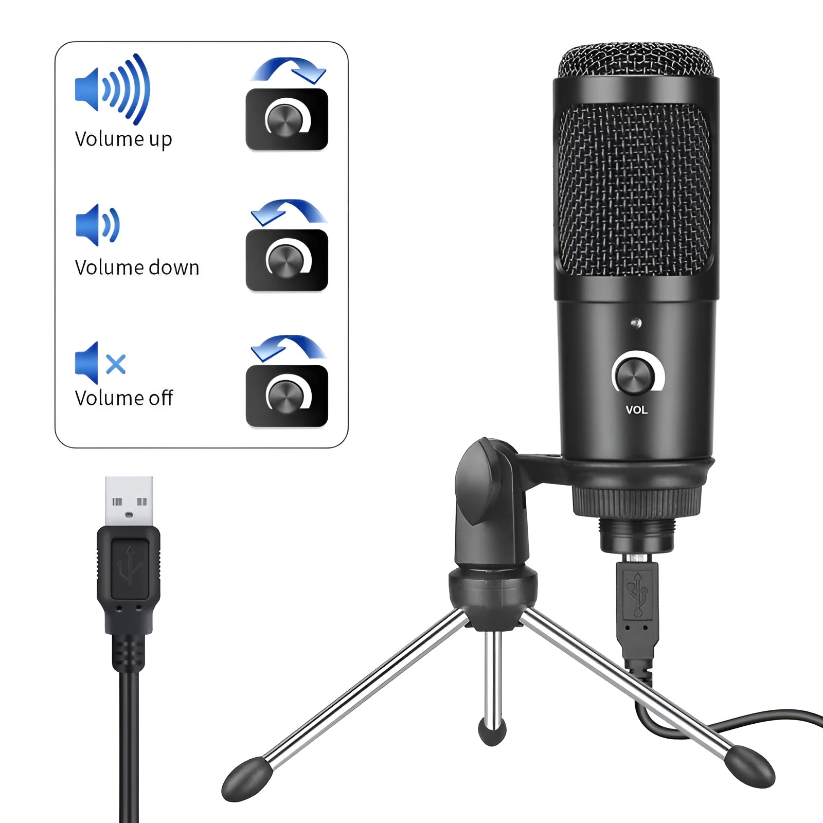 Black USB condenser microphone with bracket for computer recording and live streaming
