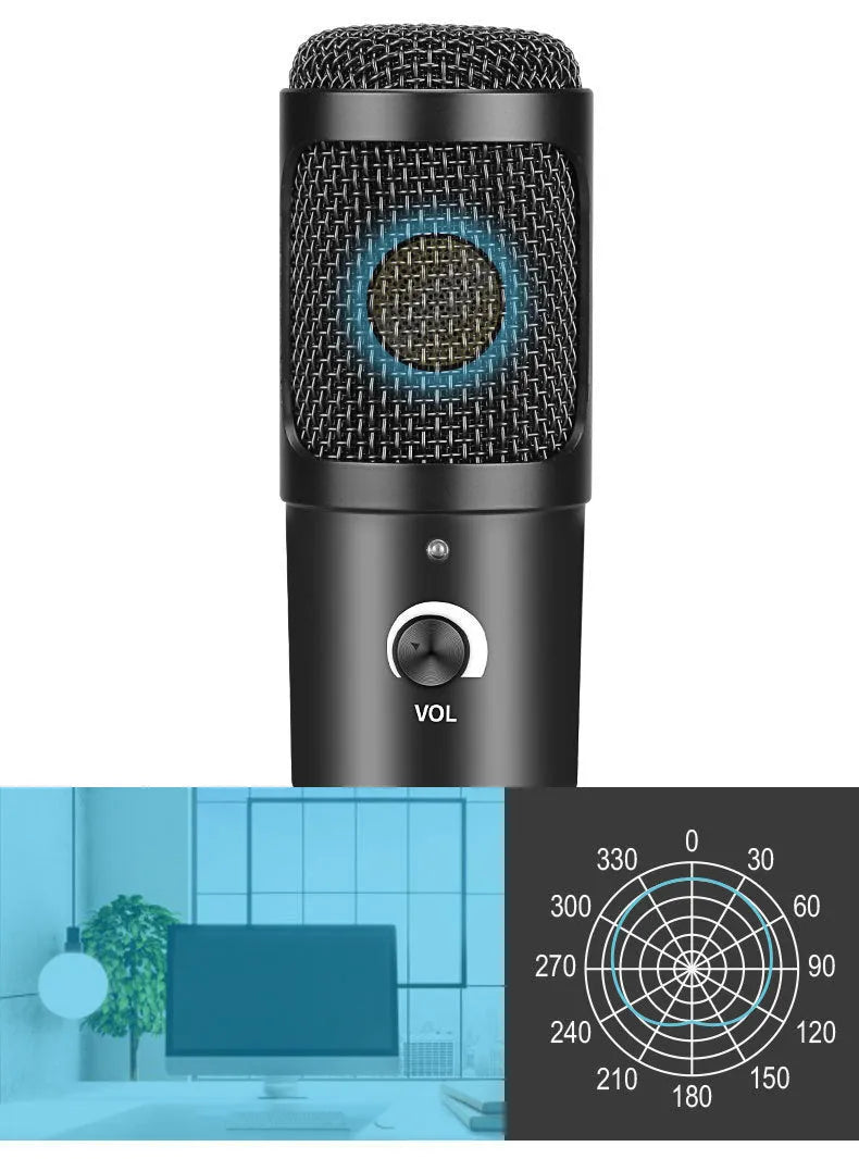 Black USB condenser microphone with bracket for computer recording and live streaming