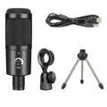 Black USB condenser microphone with bracket for computer recording and live streaming