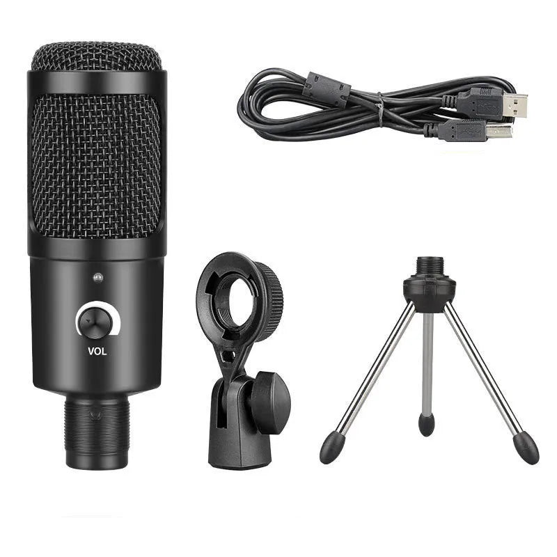 Black USB condenser microphone with bracket for computer recording and live streaming