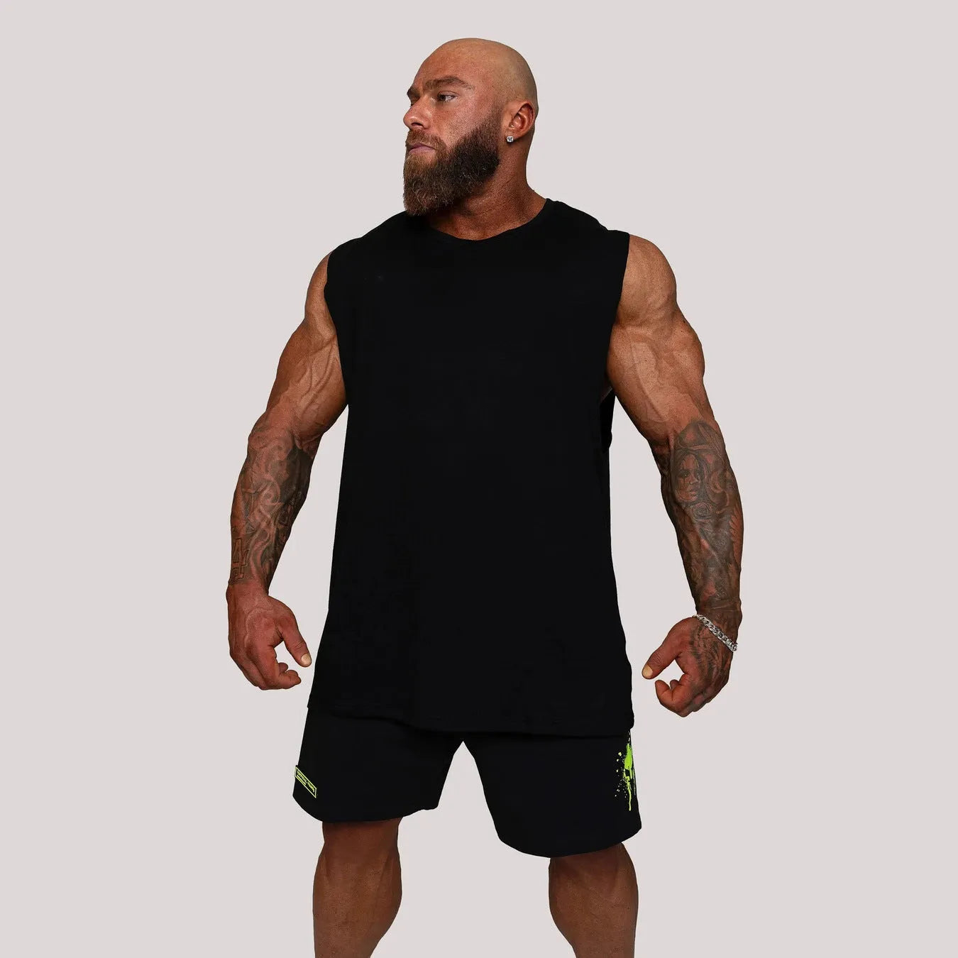 Men's sleeveless muscle fitness vest in black, loose round neck, no hood, Asian sizing M to XXXL
