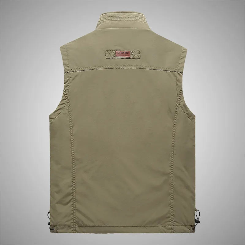 Men's nylon cotton blend outdoor leisure vest with stand-up collar and zipper front in black
