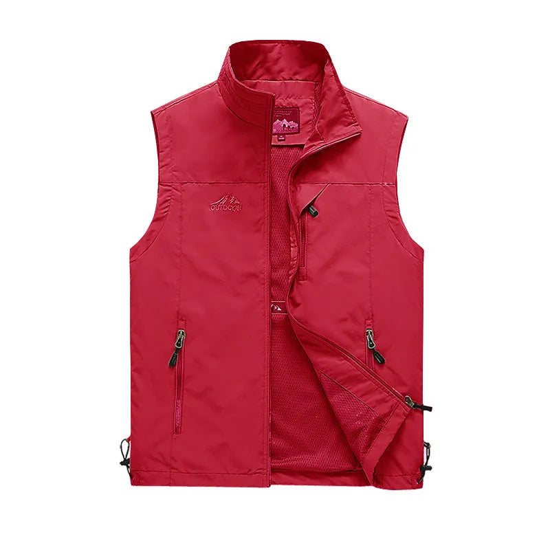 Men's nylon cotton blend outdoor leisure vest with stand-up collar and zipper front in black