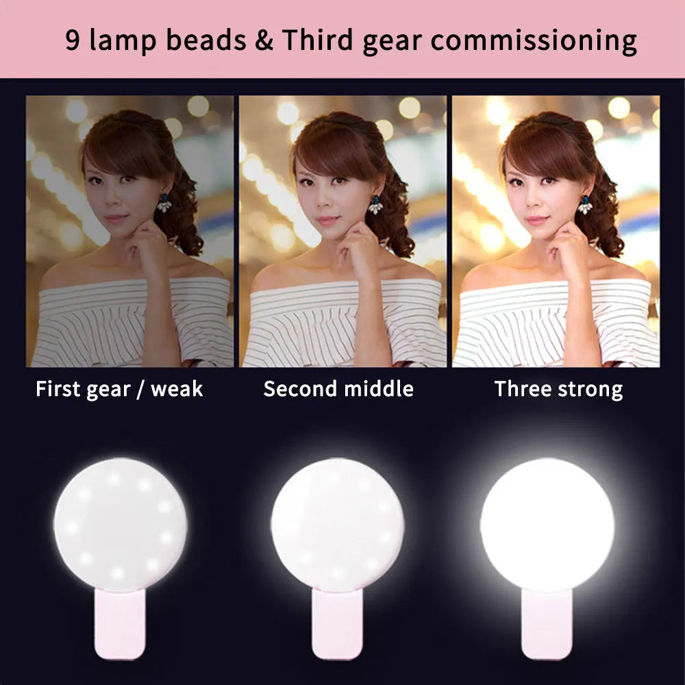 Compact clip-on LED fill light for mobile phone selfies and video, shown in blue.