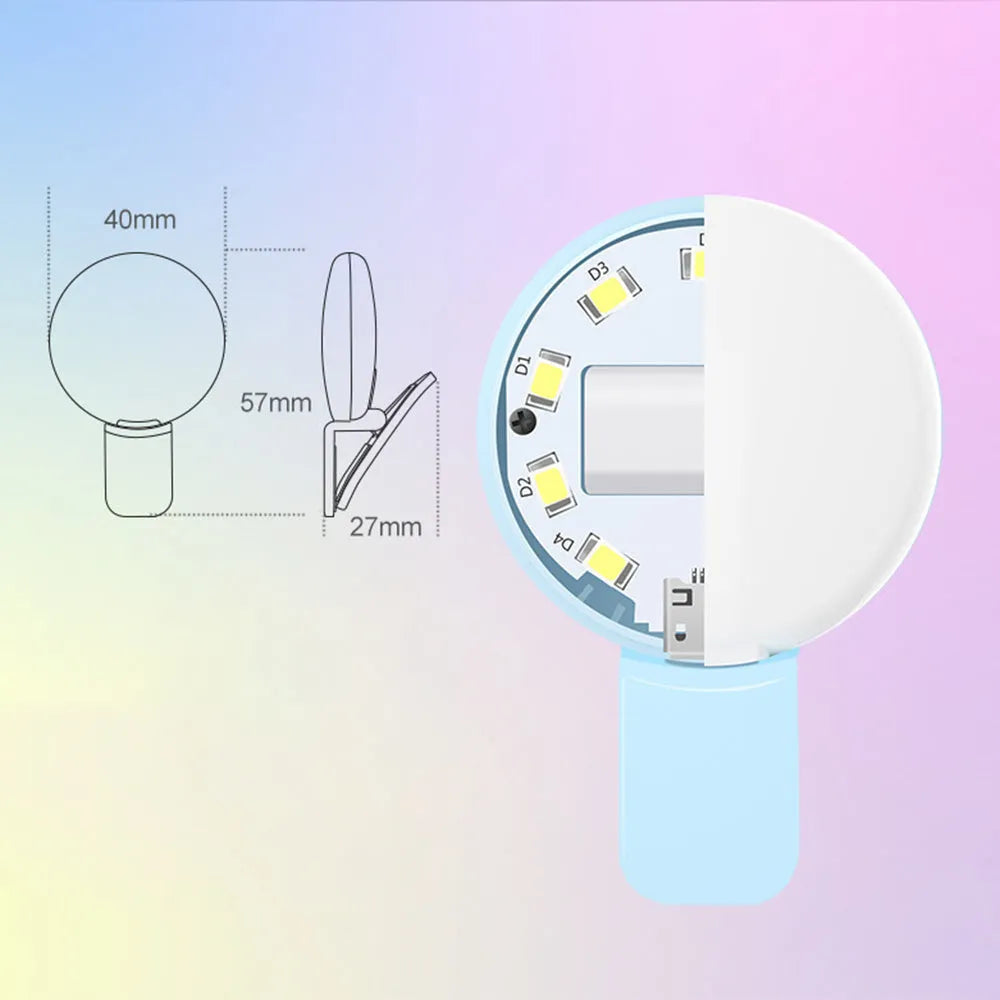 Compact clip-on LED fill light for mobile phone selfies and video, shown in blue.