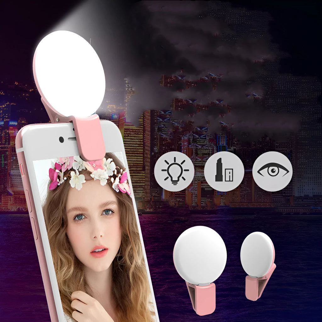 Compact clip-on LED fill light for mobile phone selfies and video, shown in blue.
