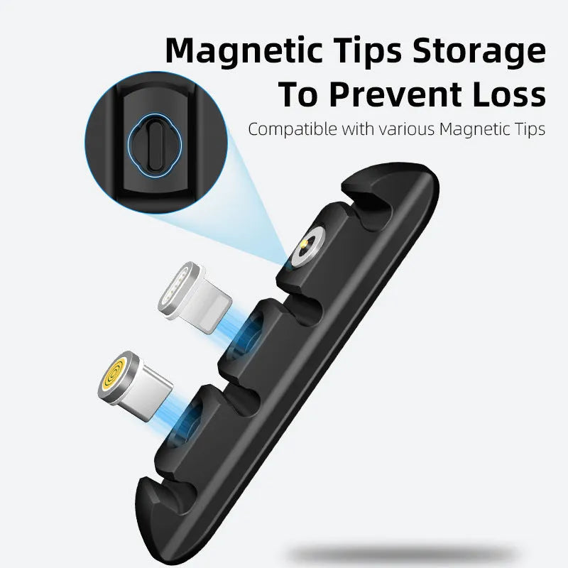 Black soft plastic desktop magnetic cable organiser and charging base stand.