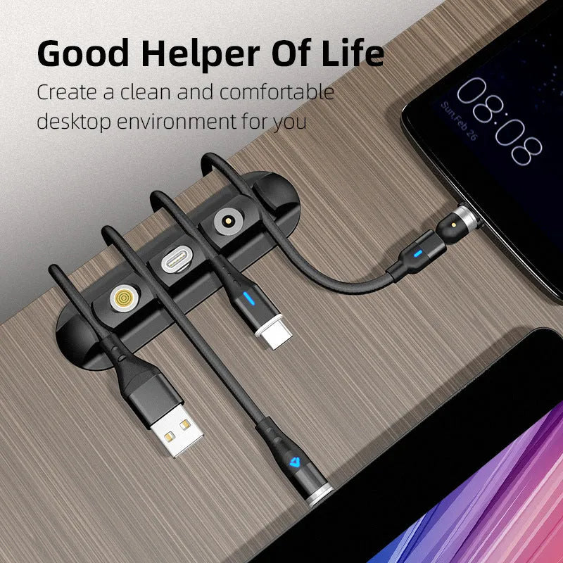 Black soft plastic desktop magnetic cable organiser and charging base stand.