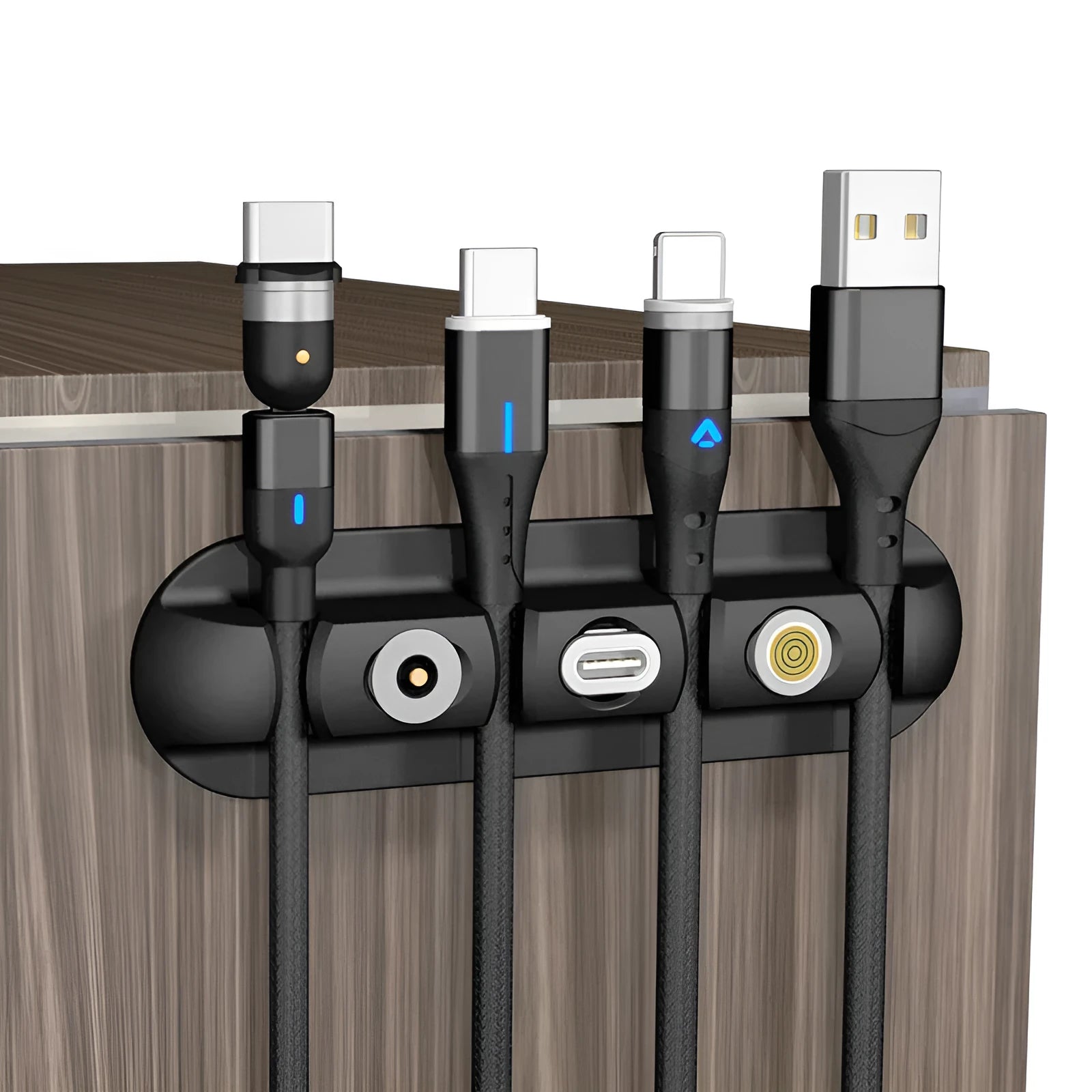 Black soft plastic desktop magnetic cable organiser and charging base stand.