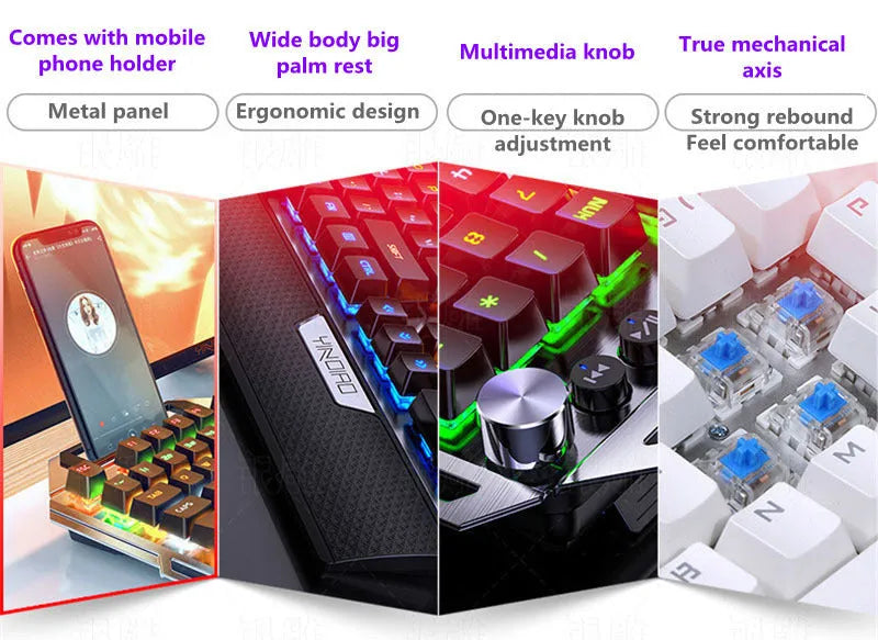 Silver Carving K100 black mechanical keyboard with hand rest and phone holder on desk