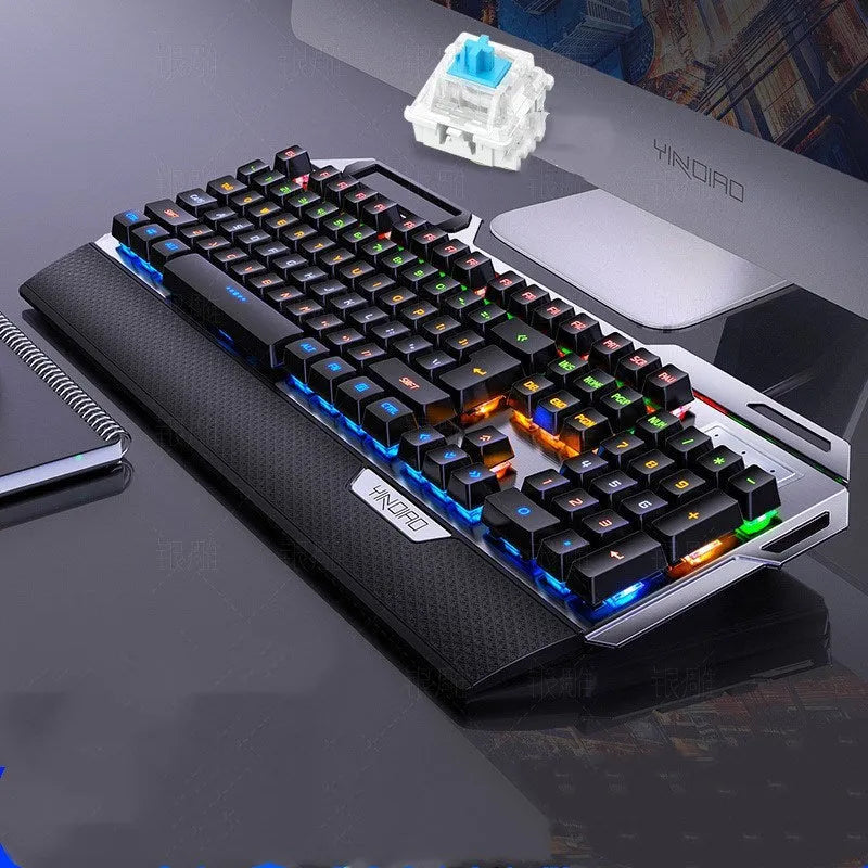 Silver Carving K100 black mechanical keyboard with hand rest and phone holder on desk