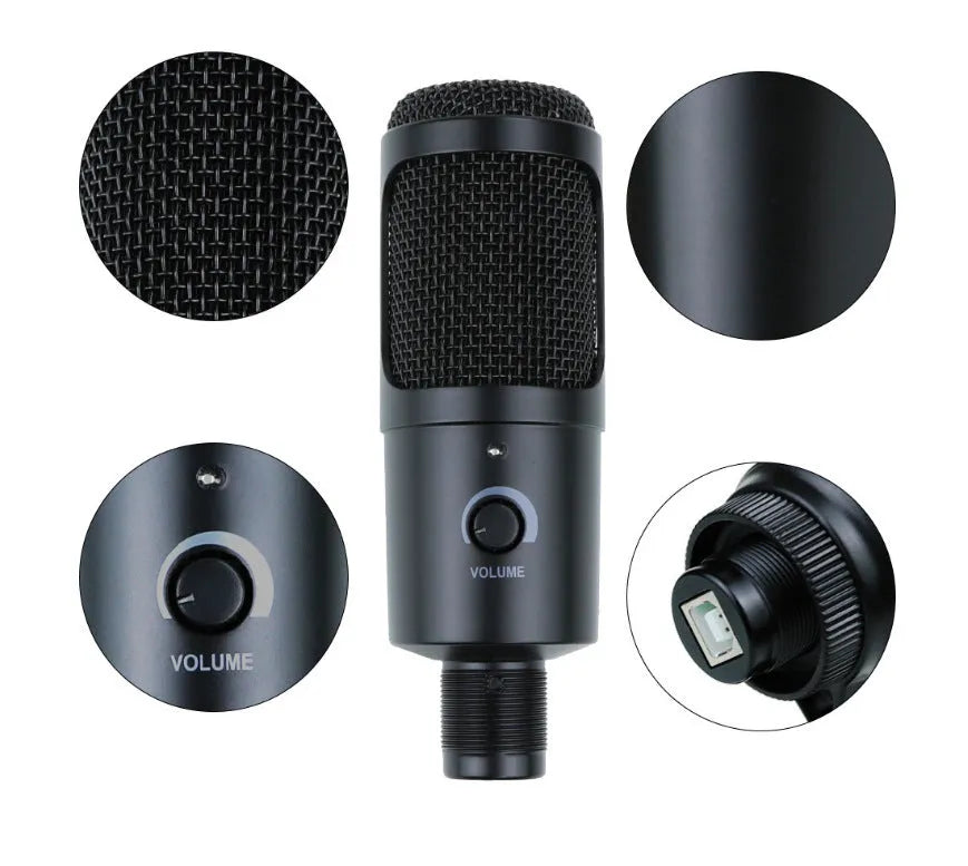 USB condenser microphone with cardioid pickup pattern on desktop stand, includes sponge cover and net for home recording