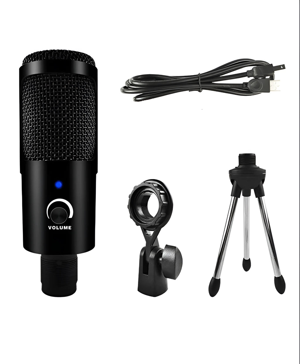 USB condenser microphone with cardioid pickup pattern on desktop stand, includes sponge cover and net for home recording