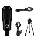 USB condenser microphone with cardioid pickup pattern on desktop stand, includes sponge cover and net for home recording