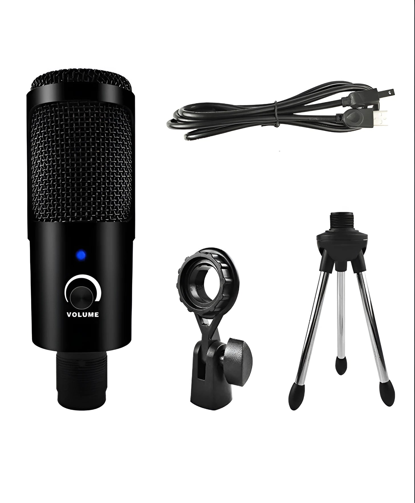USB condenser microphone with cardioid pickup pattern on desktop stand, includes sponge cover and net for home recording