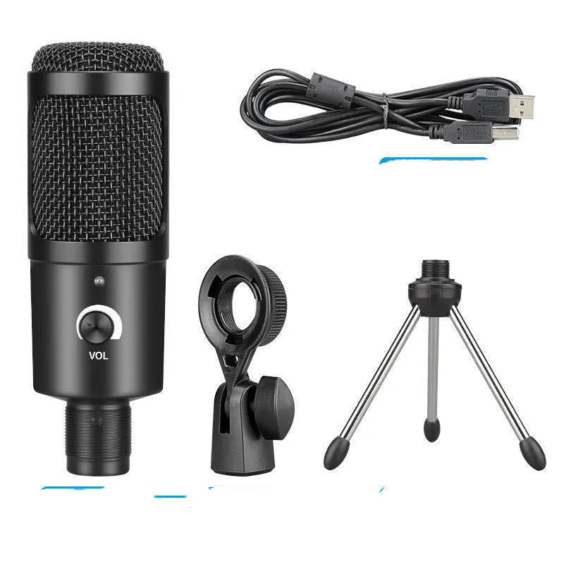 Black condenser microphone with adjustable desktop stand for computer recording