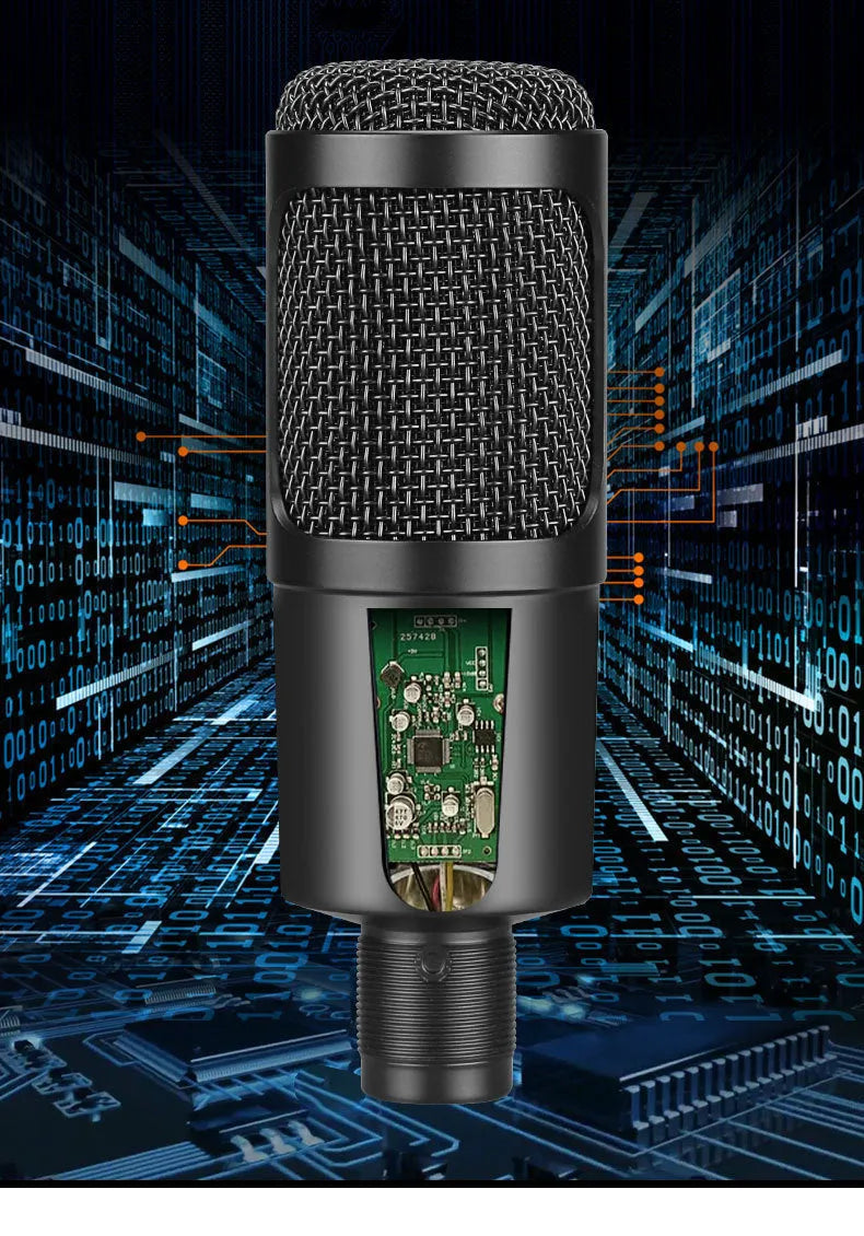 Black condenser microphone with adjustable desktop stand for computer recording