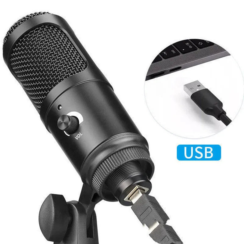 Black condenser microphone with adjustable desktop stand for computer recording