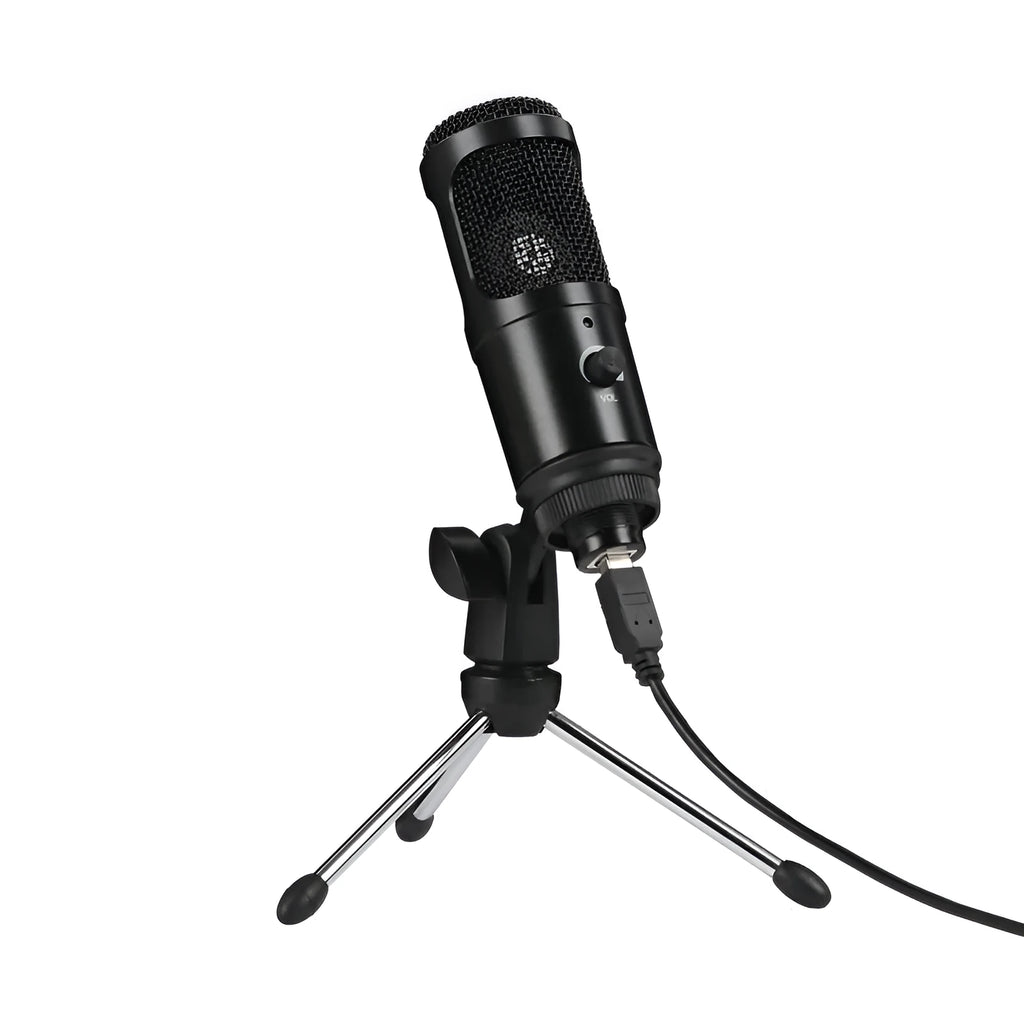 Black condenser microphone with adjustable desktop stand for computer recording
