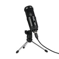 Black condenser microphone with adjustable desktop stand for computer recording