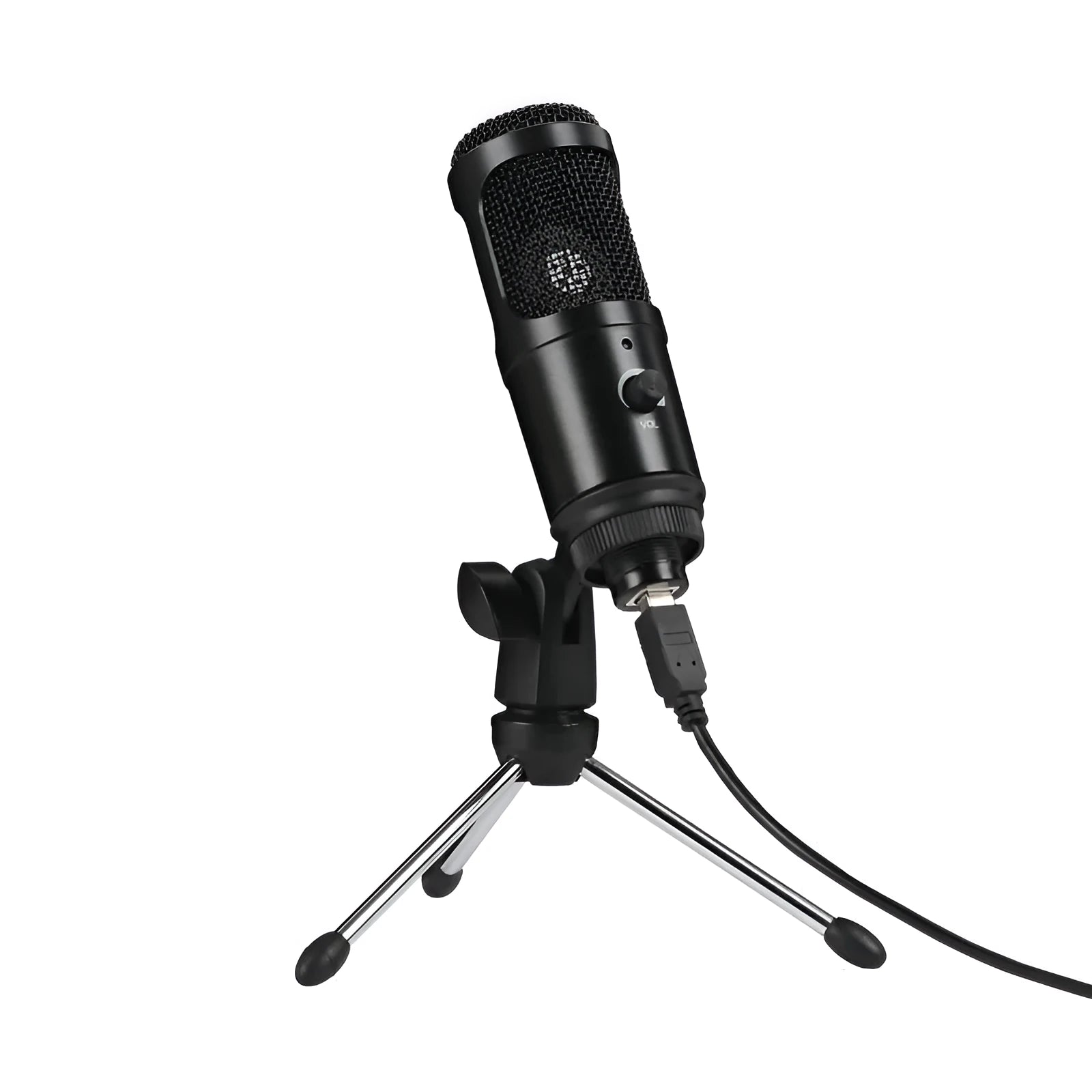 Black condenser microphone with adjustable desktop stand for computer recording