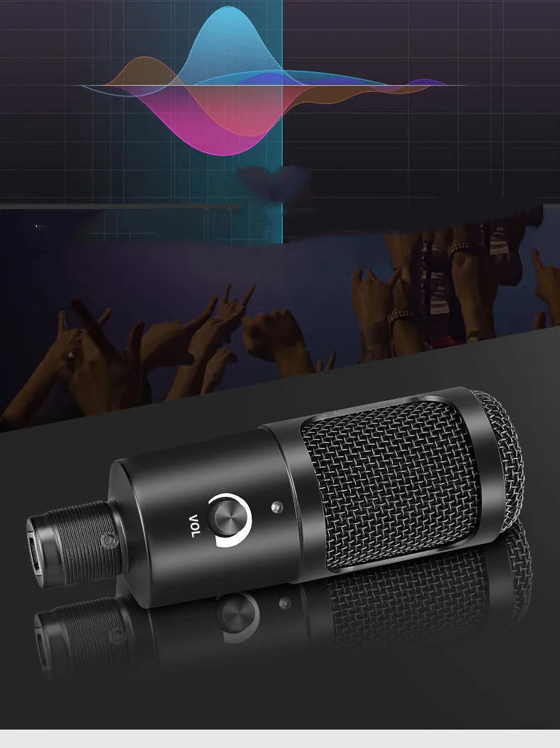 Black condenser microphone with adjustable desktop stand for computer recording